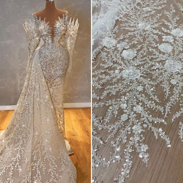 Blanc Ivoire Argent lourd Paillettes perlées Dentelle Tissu, Dentelle de mariée Robe de mariée, Rayon broderie Tulle fleur tissu d’application par verge