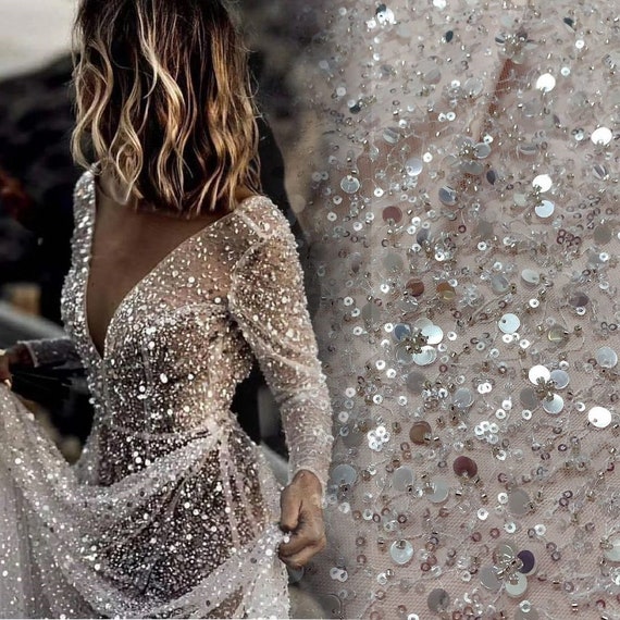Ivory Sequin Beaded Tulle Material Ivory Sequin Beaded Tulle Material