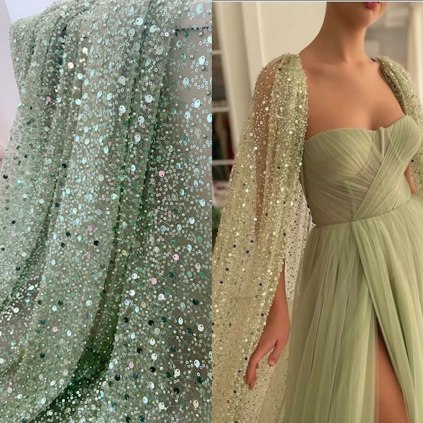 Tissu perlé de perles de cristal vert clair, dentelle à paillettes bleue Tiffany pour robe de soirée de mariage nuptiale, tissu de fleur de tulle de couleur par cour