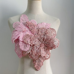 Koronkowa tkanina 3D z kwiatowym wzorem, haft w kolorze różowo-białym, złotym, z cekinami i kryształkami, naszywka na gorset do sukni ślubnej i tanecznej