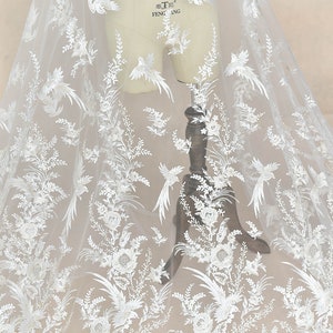 Soft White Ivory Lace Fabric with sequin, Floral Embroidery fabric, Mesh flower wedding dress fabric, DIY material, Guipure Tulle lace