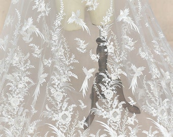 Morbido tessuto di pizzo bianco avorio con paillettes, tessuto ricamo floreale, tessuto abito da sposa fiore di maglia, materiale fai da te, pizzo Guipure Tulle