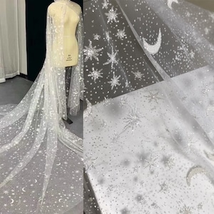Star Glitter Fabric, Soft Ivory White Tulle, Bridal Bridesmaid Prom Evening Dress, Bling Sparkle lace, Veil DIY Material by the Yard