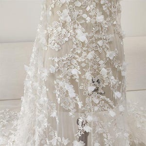 3D Ivory Sequin beading flower Lace Fabric, Couture lace for Bridal Wedding Dress, Embroidery Tulle Veil floral applique fabric by the yard image 1