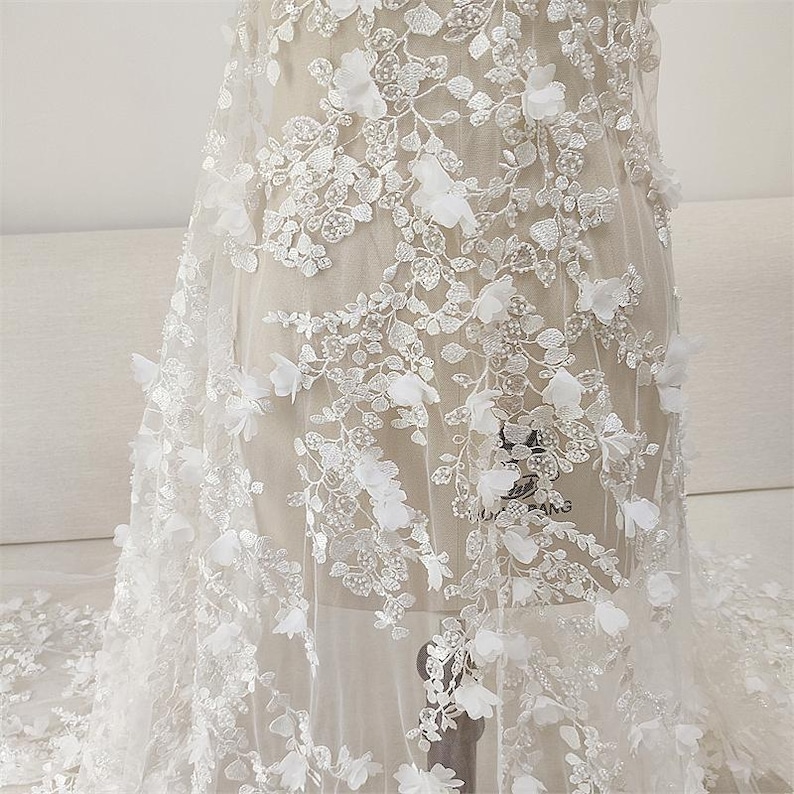 3D Ivory Sequin beading flower Lace Fabric, Couture lace for Bridal Wedding Dress, Embroidery Tulle Veil floral applique fabric by the yard image 1