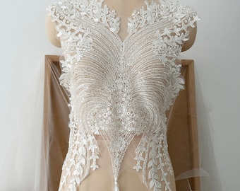 Ivory White Embroidery Lace Fabric with beaded sequin, Bodice lace applique piece, Bridal Wedding Dress Lace trim, 3D Patch Veil lace