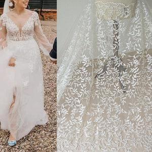Tecido de renda de folha de marfim com lantejoulas, apliques de véu, vestido de noiva, malha de algodão rayon bordado flor renda floral por metro