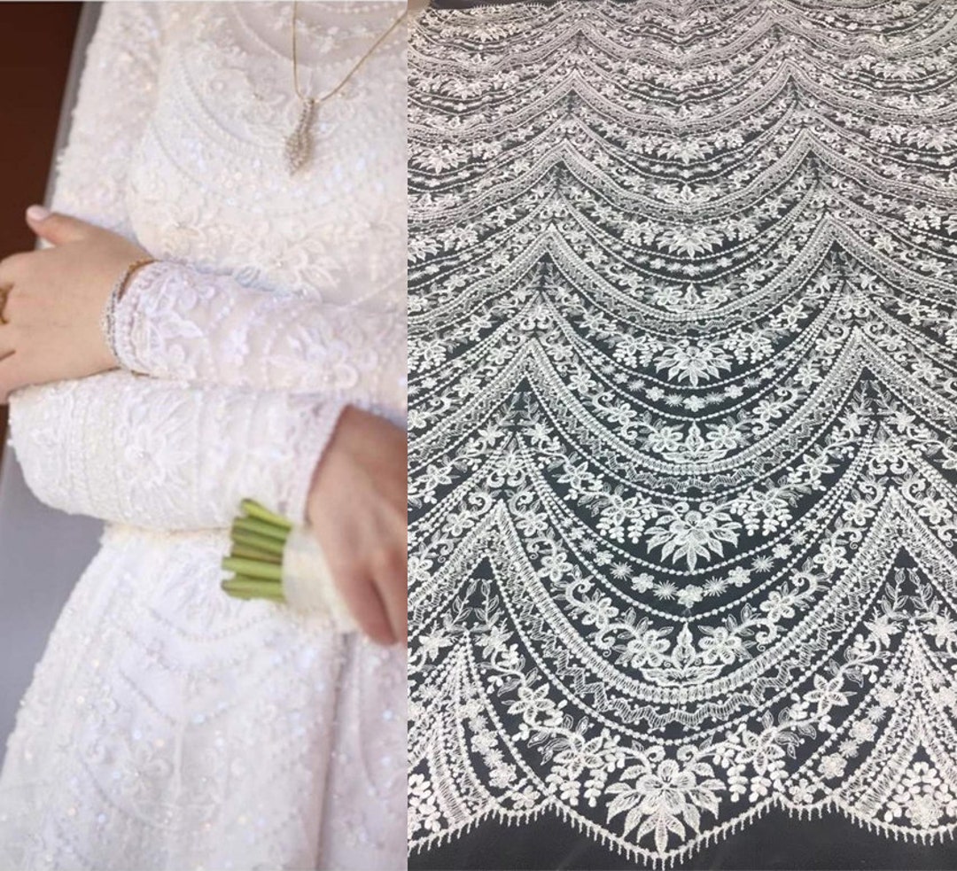 Clear Sequin Double Border Scalloped Flower Lace Fabric For Sale