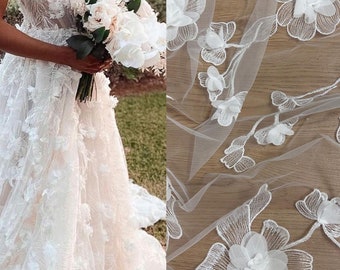 3D White Flower Lace Fabric, Soft Floral Lace for Wedding Prom Dress Veil, Embroidery Applique Tulle Fabric by the yard