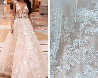 Boho White Ivory Embroidery floral Lace Fabric Bridal Lace material Wedding Dress Soft Alencon Cotton Mesh Venice flower lace by the yard
