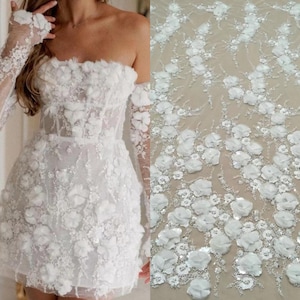 3D Ivory Flower Beaded Sequin Lace Fabric, Bridal Floral Lace for Wedding Couture Dress, Luxury Embroidery Tulle Fabric by the yard