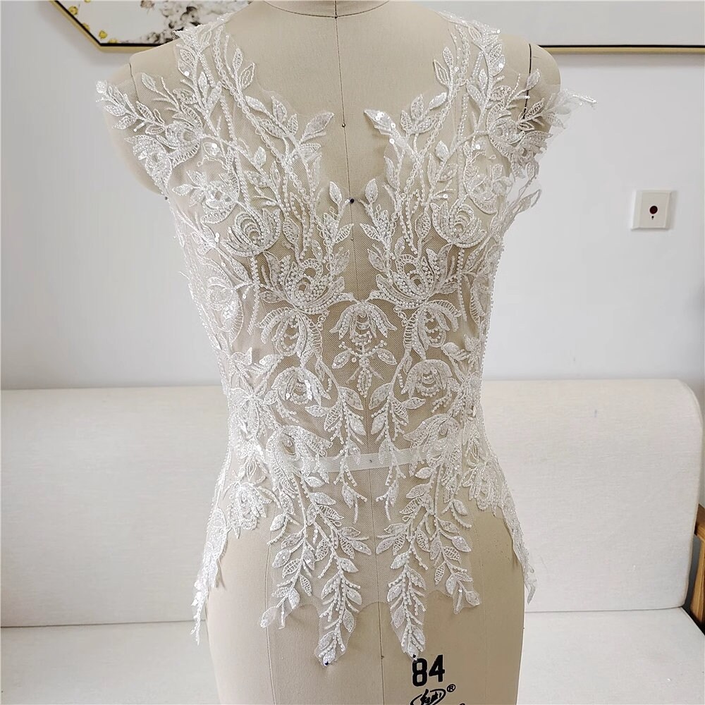 Ivory 3D Embroidery Leaves Flower Lace Fabric, Beaded Sequin lace applique piece, Wedding Dress Veil Tulle Lace trim, Beading Bodice Motif