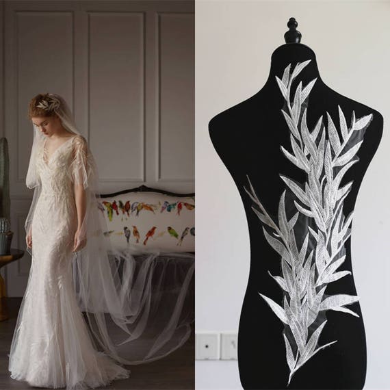 Ivory White Cotton Embroidery Lace Fabric, Floral leaf veil material, Wedding Dress Evening Gown Lace trim, flower Applique lace