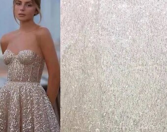 Crystal Beaded Silver Sequin Lace Fabric, White Lace for Bridal Wedding Dress, Mesh Embroidery Tulle fabric by the yard