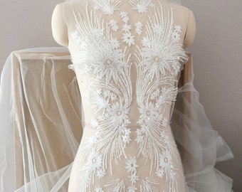 White 3D Embroidery Flower Lace Fabric, Beaded Sequin Floral applique piece, Wedding Dress Veil Tulle Lace trim, Bridal DIY Beading Bodice