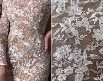 White Sequin Lace Fabric, Embroidery flower lace material for Bridal Wedding Dress Gown, Tulle floral lace, Veil applique fabric by the yard