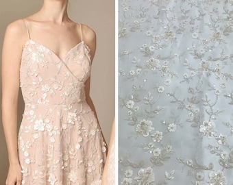 3D Flower Leaves beaded Sequin Lace Fabric, Bridal Floral Lace Veil material, Bride Wedding Dress , Embroidery Tulle fabric by the yard