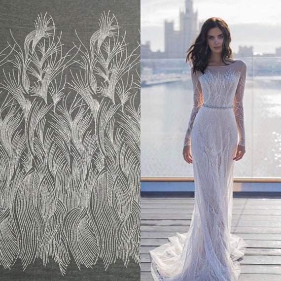 Beaded Sequin Wave Lace Fabric, White Ivory Wedding Dress