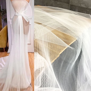 White Pleated Tulle Fabric, Mesh Ruffled Pleats panel designer skirt cloth for Bridal Wedding Dress, lace Tulle fabric by the yard