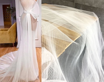 White Pleated Tulle Fabric, Mesh Ruffled Pleats panel designer skirt cloth for Bridal Wedding Dress, lace Tulle fabric by the yard