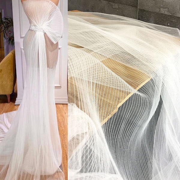 White Pleated Tulle Fabric, Mesh Ruffled Pleats panel designer skirt cloth for Bridal Wedding Dress, lace Tulle fabric by the yard