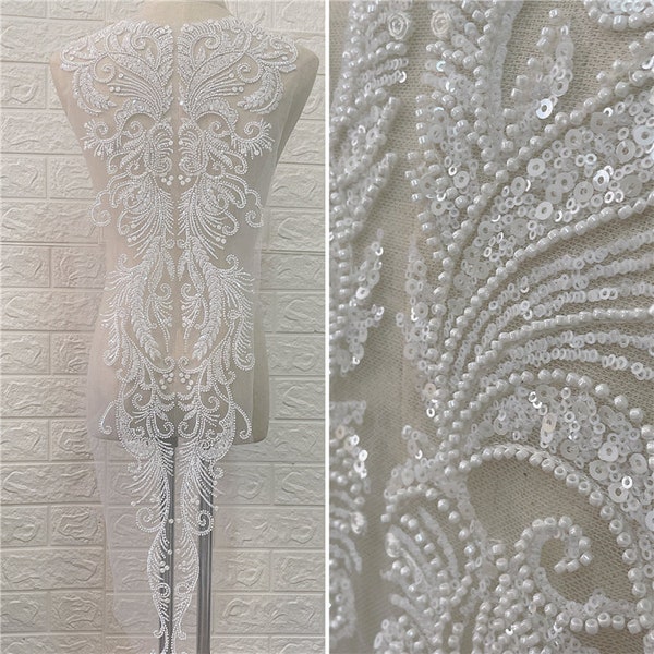 lace applique piece with crystal sequin beaded, Bridal Wedding dress applique, Ivory White Embroidery beading lace fabric, 3D Lace Bodice