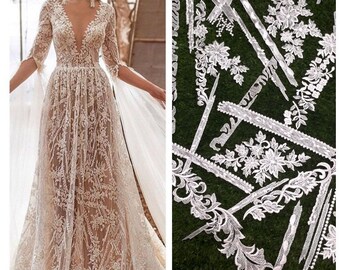 Boho White Ivory Embroidery floral Lace Fabric Bridal Lace material Wedding Dress Soft Alencon Cotton Mesh Venice flower lace by the yard
