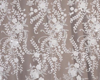 3D White Sequin beaded flower Lace Fabric, Couture lace for Bridal Wedding Dress, Embroidery Tulle Veil floral applique fabric by the yard