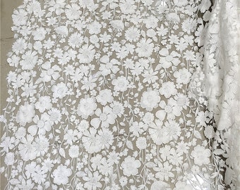 Cotton White Embroidery Flower Lace Fabric, Milla Nova Bridal Daisy Floral Guipure Lace for Boho Wedding Dress Veil, Soft lace by the yard