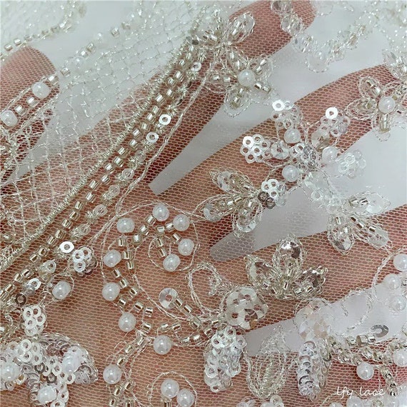 3D Beaded Geometric Couture Flower Lace Fabric With Sequin