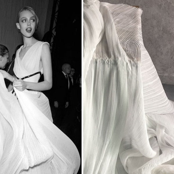 Soft White Ivory Pleated Fabric, supply material, Wedding Dress Evening Gown DIY, Chiffon Silk Pleats panel fabric designer skirt cloth