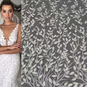 Ivory Sequin beaded Leaf Lace Fabric, Floral lace Bridal Wedding Dress, Rayon Embroidery Tulle flower Leaves applique fabric by the yard