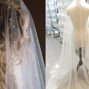 Tissu de tulle perlé illusion blanc ivoire doux de 3 mètres de large, robe de mariée de mariée 3 m voile cape tissu de dentelle de rideau décoratif par mètre