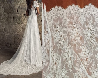 White Ivory Chantilly French Lace Fabric, Bridal Wedding Dress lace, 3 yards Soft Eyelash flower floral scalloped curtain Lingerie lace