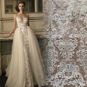 Alencon lace fabric, White ivory Wedding Dress Embroidery lace, Guipure tulle bridal flower mesh Rayon lace fabric by the yard