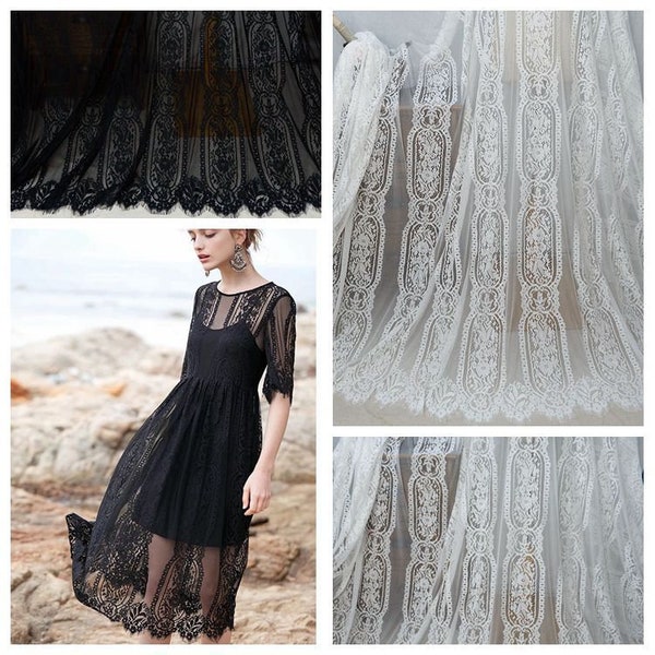3 Yard Soft French Chantilly Lace Stripe Tulle Fabric, DIY Fashion material, Boho Bohemian Bridal Wedding Dress Prom, Embroidery Flower lace