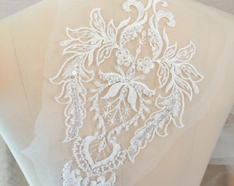 Ivory White Embroidery Flower Beaded Lace Applique Fabric, Sequin applique material piece, Wedding Dress Tulle Veil Lace Mesh Bodice
