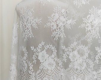 3 Yards White Ivory French Lace Fabric material, Boho Bohemian Wedding Dress Lace, Soft Eyelash Chantilly flower scalloped lace by the yard