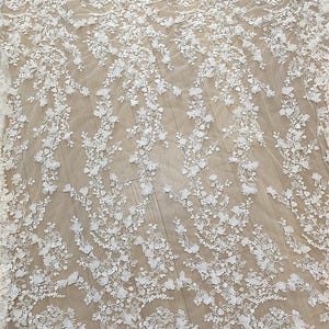 3D Ivory Sequin beading flower Lace Fabric, Couture lace for Bridal Wedding Dress, Embroidery Tulle Veil floral applique fabric by the yard image 6