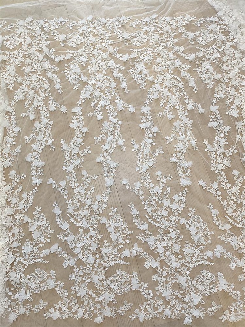 3D Ivory Sequin beading flower Lace Fabric, Couture lace for Bridal Wedding Dress, Embroidery Tulle Veil floral applique fabric by the yard image 6