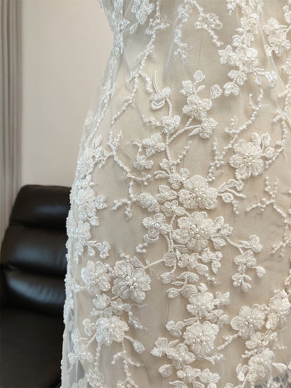 Ivory heavy Sequin Pearl beaded Lace Fabric, Flower lace for Bridal Wedding Dress, Embroidery Tulle floral applique fabric by the yard