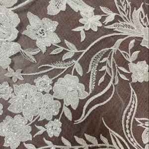 3D Embroidery Flower Lace Fabric, Bridal Ivory White Wedding Dress Lace Applique, Floral Venice Mesh Tulle Veil Sequin Lace by the yards image 9