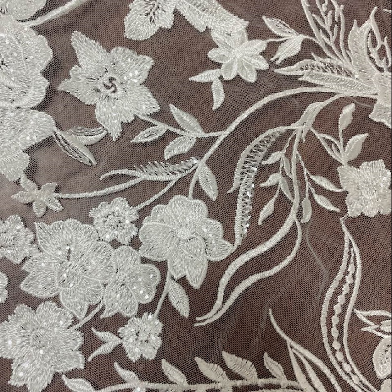 3D Embroidery Flower Lace Fabric, Bridal Ivory White Wedding Dress Lace Applique, Floral Venice Mesh Tulle Veil Sequin Lace by the yards image 9