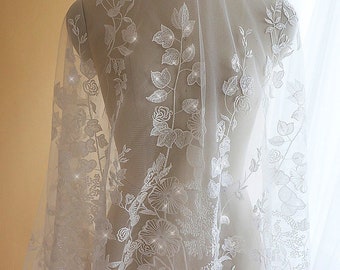 Boho White Ivory Embroidery floral Sequin Lace Fabric, Bridal Lace Wedding Dress, Soft Cotton Mesh Rayon Venice flower lace by the yard