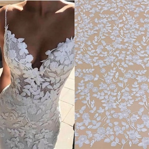 Cotton White Flower Lace Fabric, Floral Tulle material, Lace for Bridal Wedding Dress Gown, leaves Embroidery Tulle flower lace by the yard
