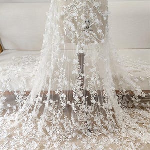 3D Ivory Sequin beading flower Lace Fabric, Couture lace for Bridal Wedding Dress, Embroidery Tulle Veil floral applique fabric by the yard image 10
