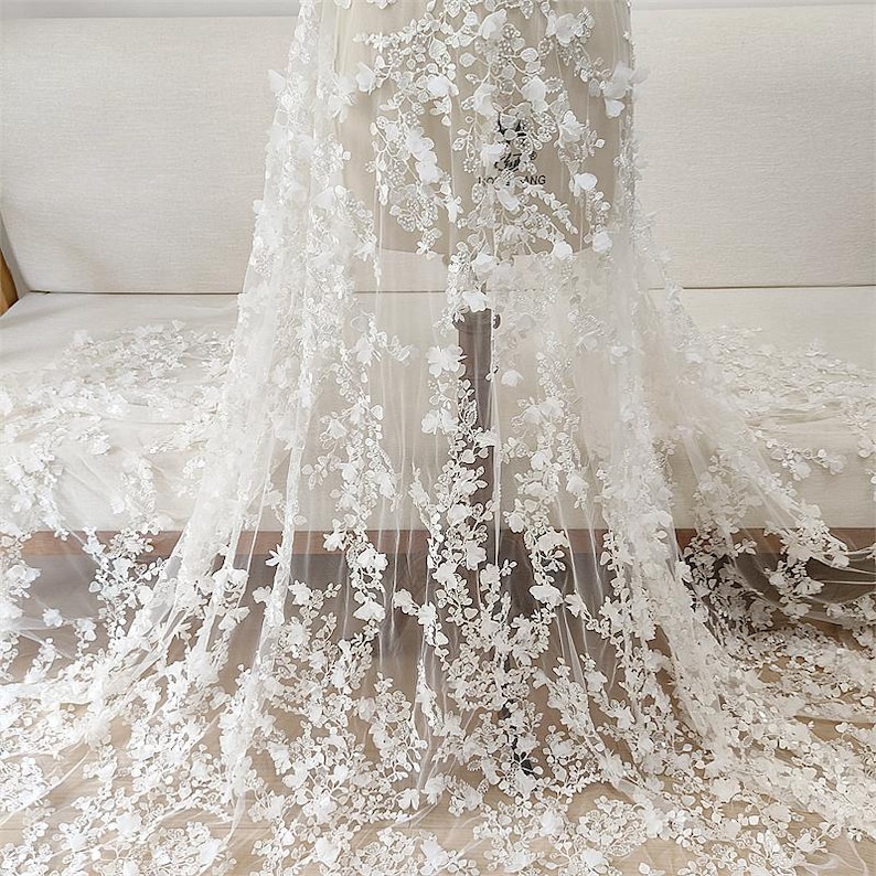 3D Ivory Sequin beading flower Lace Fabric, Couture lace for Bridal Wedding Dress, Embroidery Tulle Veil floral applique fabric by the yard image 10