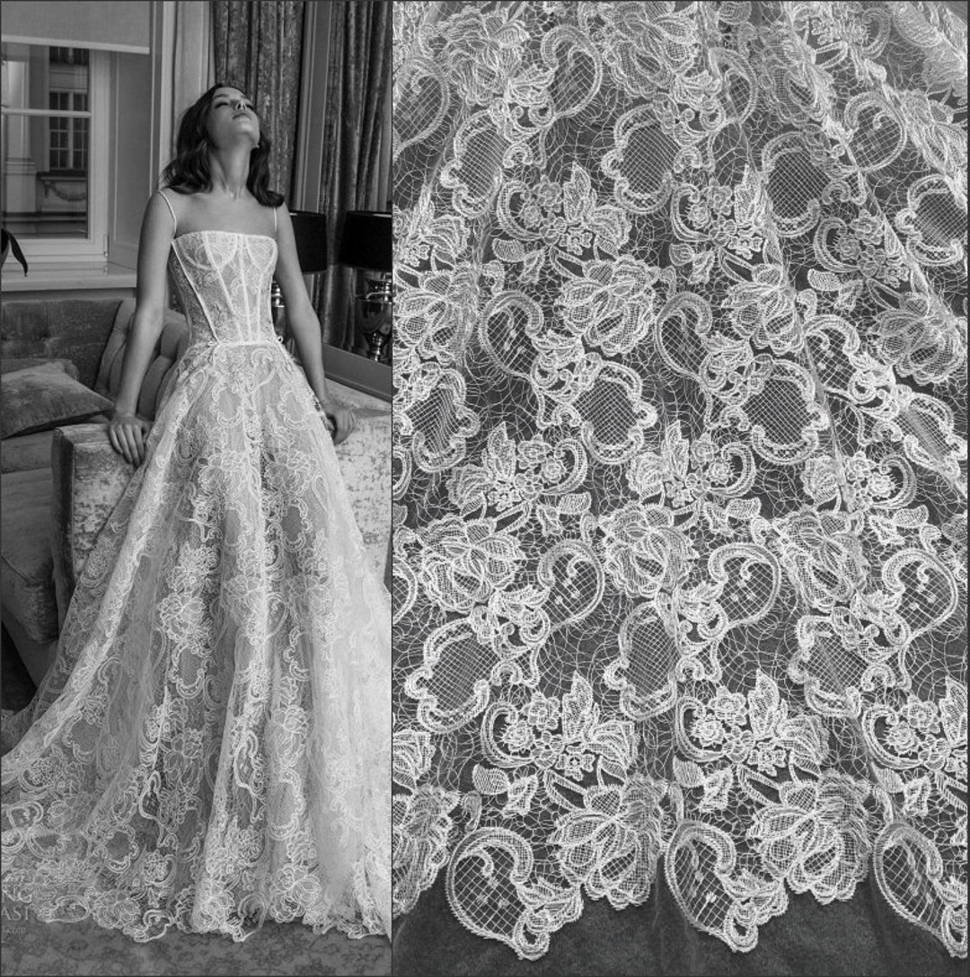 White Ivory Flower Lace Fabric, Floral Guipure Lace Material, Bridal