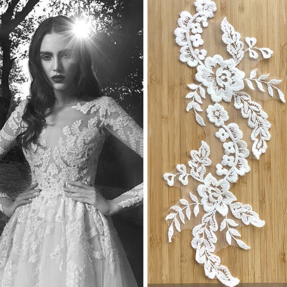 2PCS Ivory White Embroidery flower mirrored Lace Fabric, lace applique material piece, Wedding Dress Gown Lace trim, Alencon Guipure lace