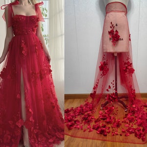 3D Red Pink Flower Beaded Lace Fabric, Bridal Floral Veil Lace, Wedding Prom Dress Evening Gown, White Embroidery Tulle Fabric by the yard